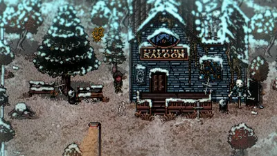 Snowy town street outside the Elderfield Saloon at dusk