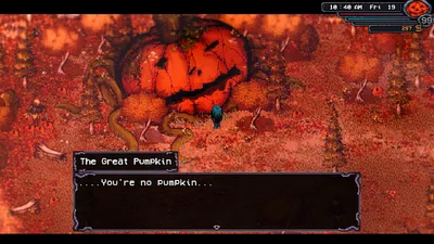 The Great Pumpkin looming over the player in a red-lit pumpkin patch