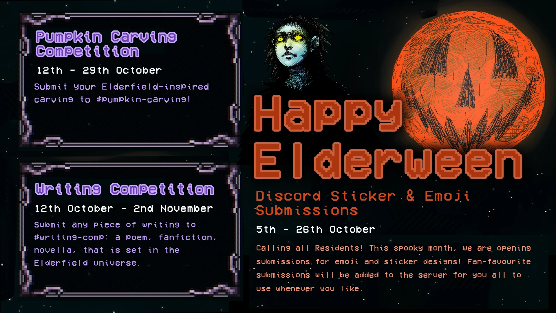 Official ELDERWEEN event banner: a pale, dark-haired figure with glowing eyes beside an orange moon carved like a jack-o’-lantern, above the three event windows for sticker & emoji submissions, pumpkin carving and the writing competition